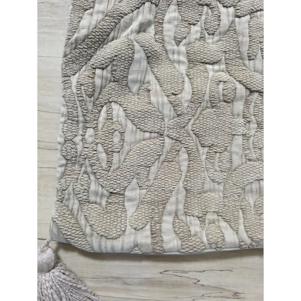 Pottery Barn Taupe 3D Texture Tassels Accent Pillow Cover 21x22 Linen Blend